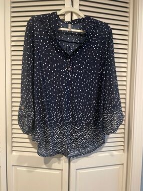 Perseption Navy and White Dot Pullover Sheer Lined Blouse